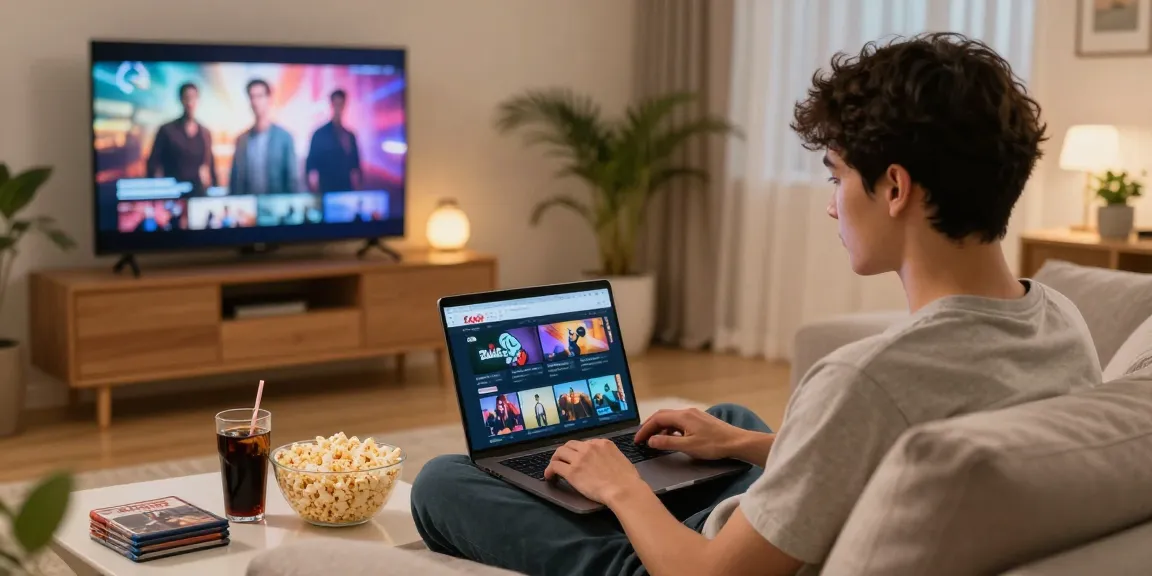 Youthfully exploring ZoeChip streaming options on a laptop in a cozy living room.