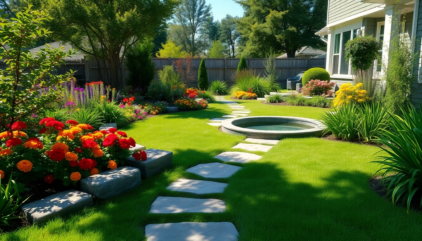 Stunning backyard landscaping with vibrant flowers and tranquil water feature.