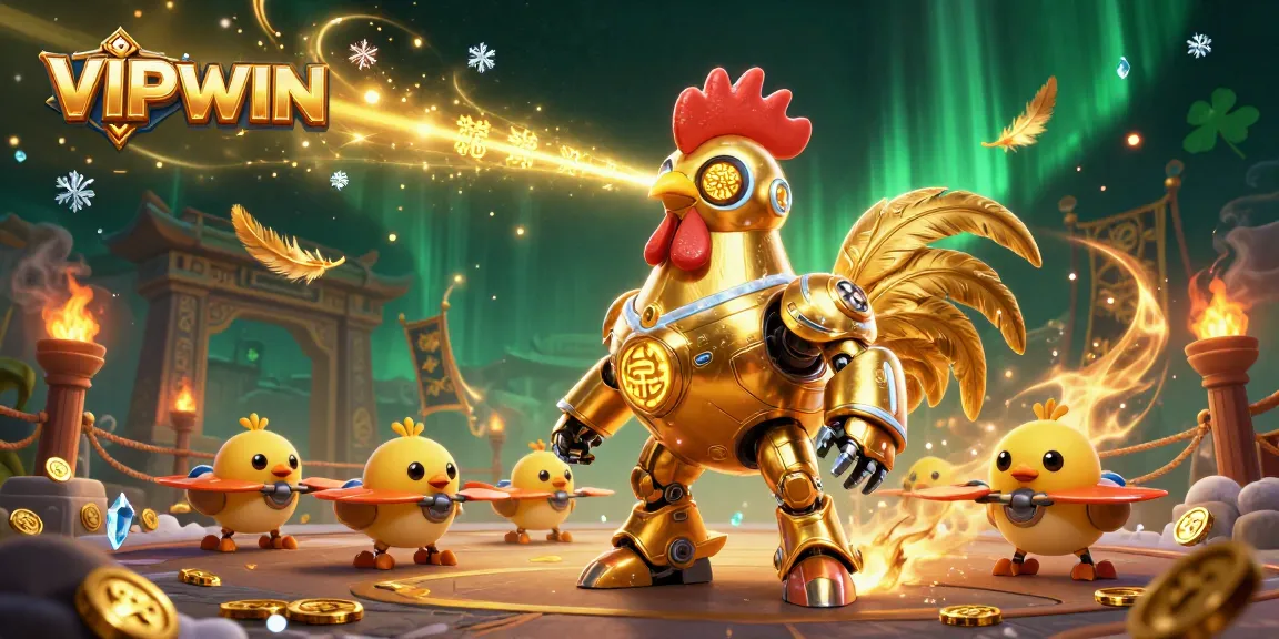 Experience thrilling betting at VIPWIN with a dynamic retro-futuristic battle scene featuring a golden rooster robot and baby chick drones.