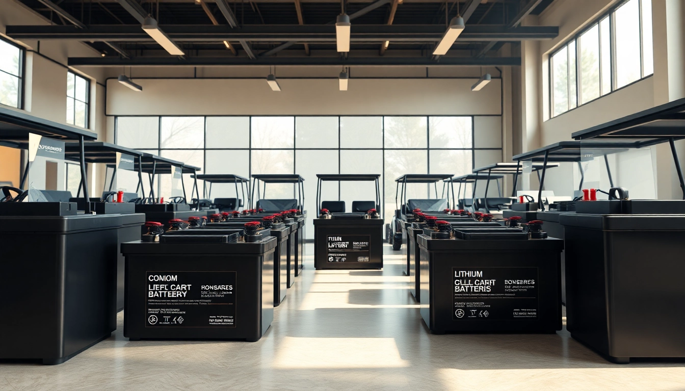 Showcase of lithium golf cart batteries highlighting cutting-edge technology and design in a modern setting.