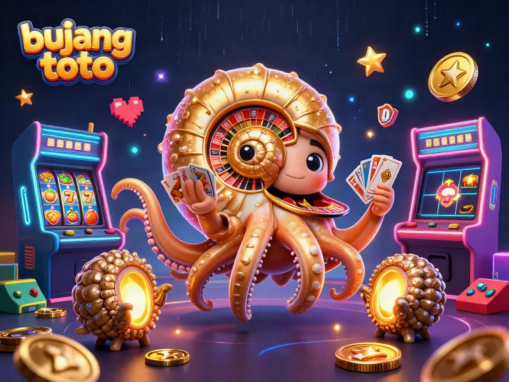 Bujang toto showcases a vibrant scene with a giant nautilus roulette wheel and slot elements.