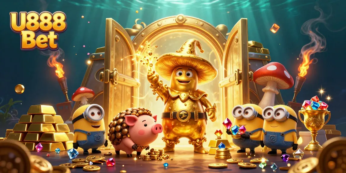 Enjoy thrilling gaming with U888 Bet's vibrant treasure scene filled with gold and gems.