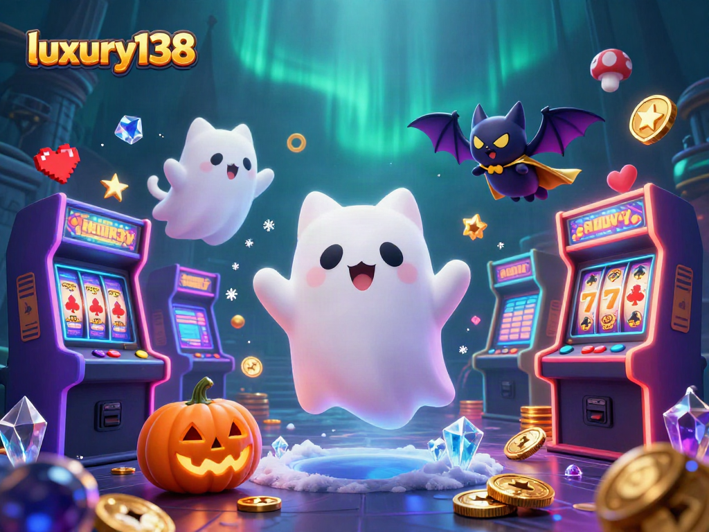 luxury138 menampilkan kucing hantu 3D bermain di kasino angker dengan mesin slot dan elemen permainan berwarna-warni.