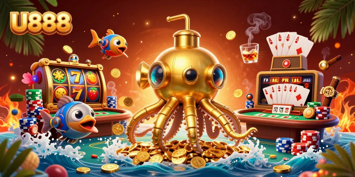 Engage with U888's thrilling gaming adventure featuring a golden kraken submarine and vibrant casino elements.