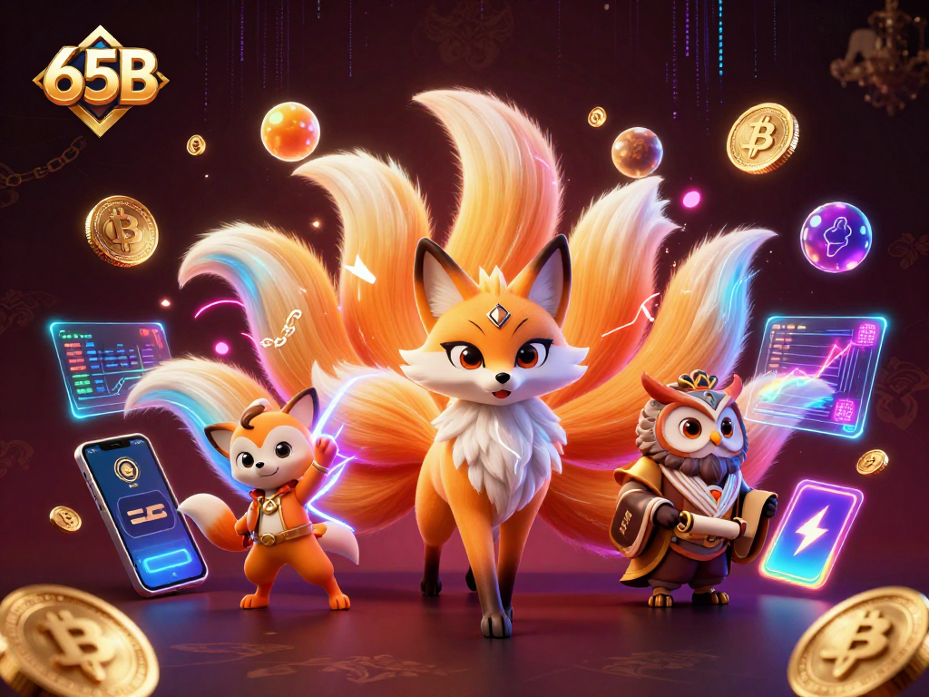 Ative as melhores jogadas em 65B com a fofa raposa de nove caudas e moedas de criptomoedas luminosas.