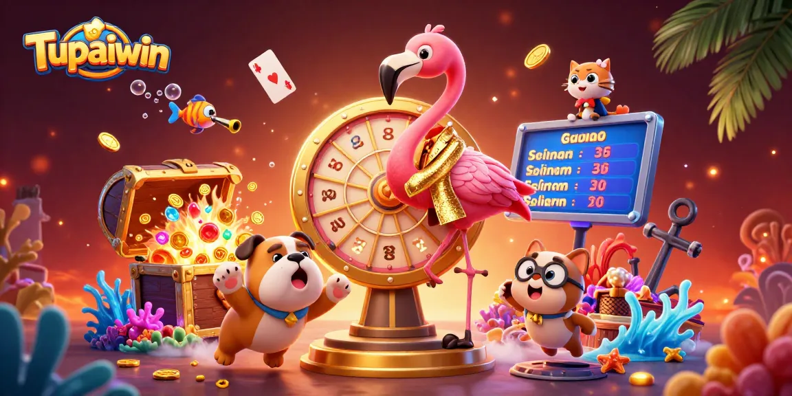 Tupaiwin rewards players with vibrant animations illustrating a jackpot scene with flamingo, bulldog, and cat character.