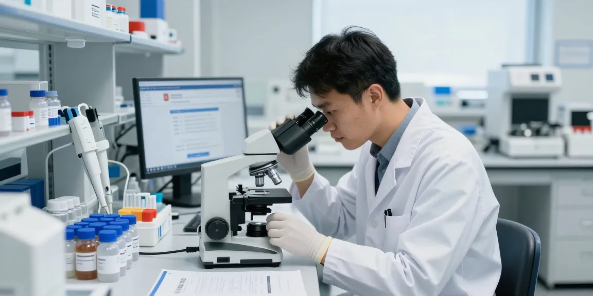 Research scientist examining peptides at koipeptidescanada.com lab, highlighting quality and precision.