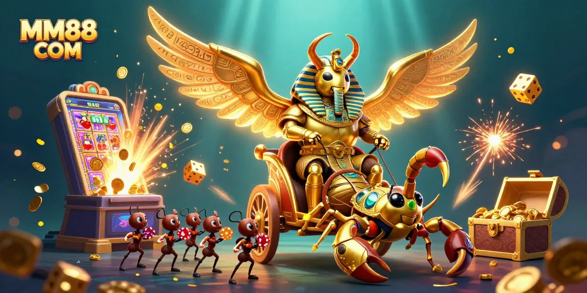 Engage with MM88 COM's vibrant casino scene featuring a golden scarab and dazzling game elements.