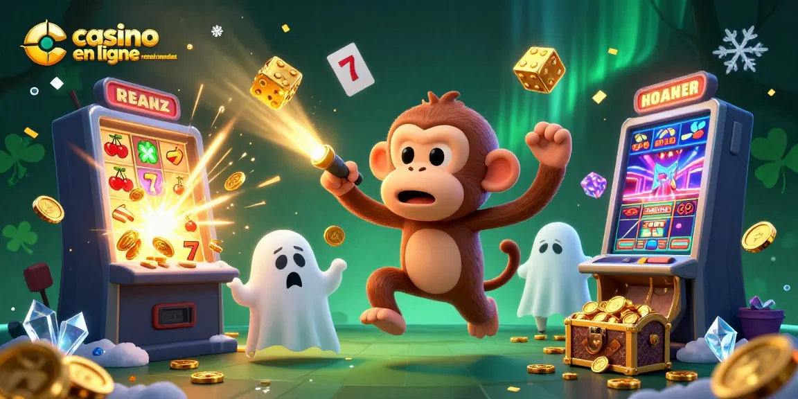 Profitez d'une expérience de casino en ligne avec retrait immédiat, mettant en scène un singe fantomatique et un chien chasseur.
