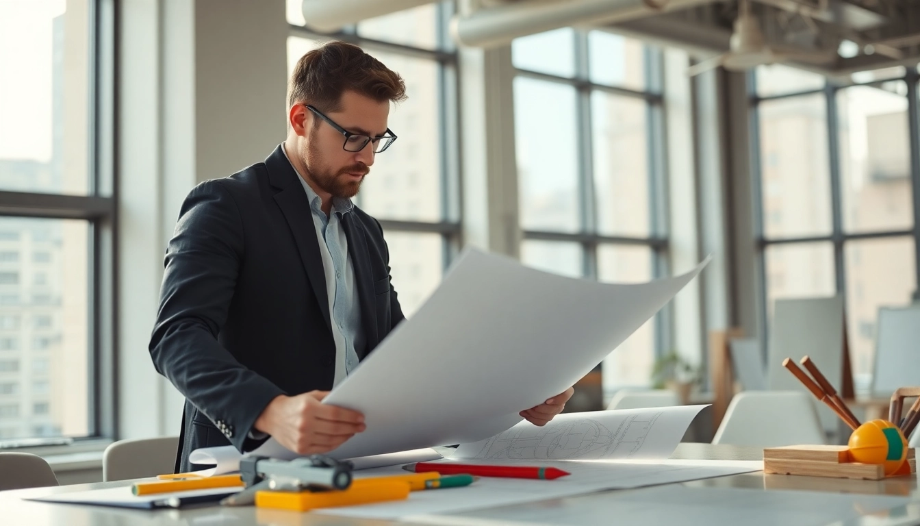 Experienced New York City General Contractor reviewing construction plans with a modern desk layout.