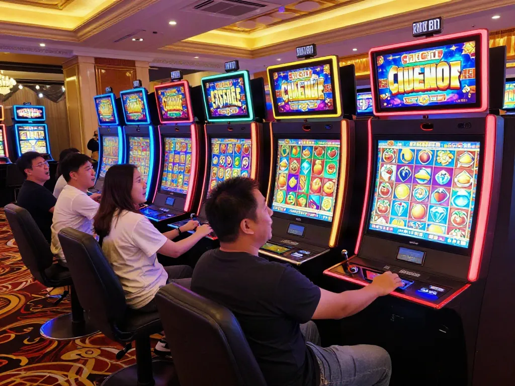 Excited players engaging with colorful slot machines in a vibrant casino atmosphere.