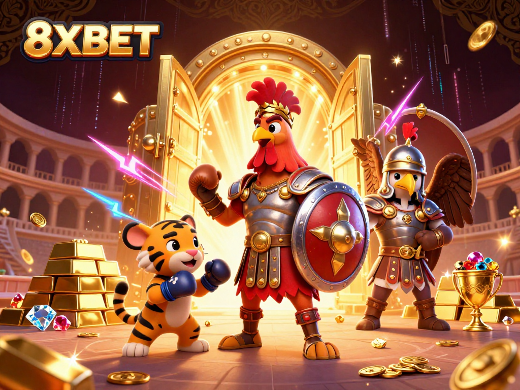 Experience thrilling gaming with 8XBET as a gladiator rooster and cub spar in a vibrant casino scene.