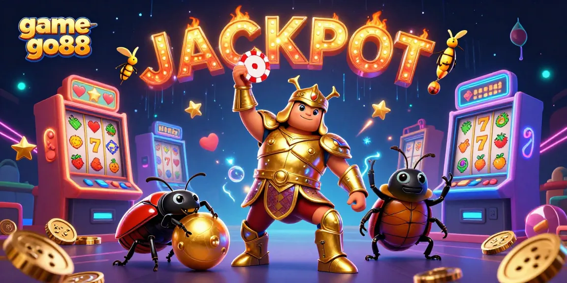 Win big with game go88 as a heroic beetle lifts a chip among slots and neon lights!