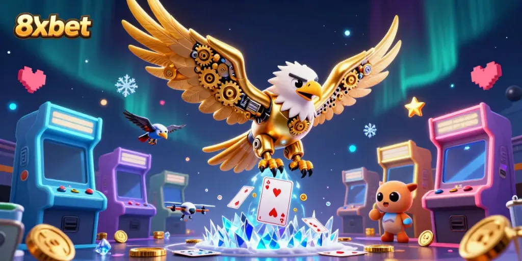 Engage with 8xbet's vibrant gaming scene filled with holographic cards and a cybernetic eagle.