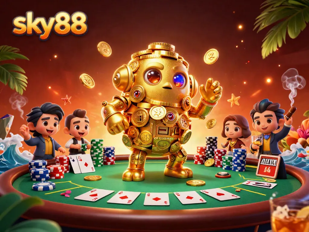Experience thrilling gaming with sky88 as the golden golem brings excitement, chips, and poker action together.