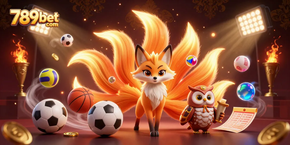 Engage with vibrant gaming action at 789bet com with a stunning illustration of a nine-tailed fox, owl, and dynamic sports elements.