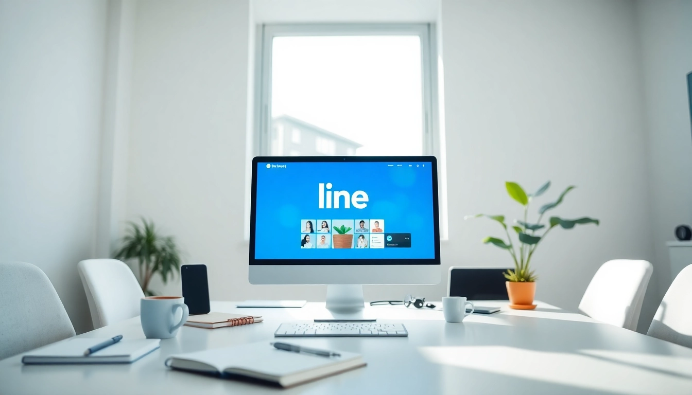 使用line電腦版的數位工作站，專業且現代化的辦公室中展示。