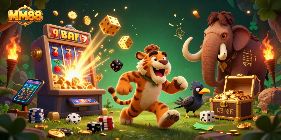 Experience exciting gameplay at MM88 with a vibrant prehistoric casino scene featuring unique characters and thrilling elements.