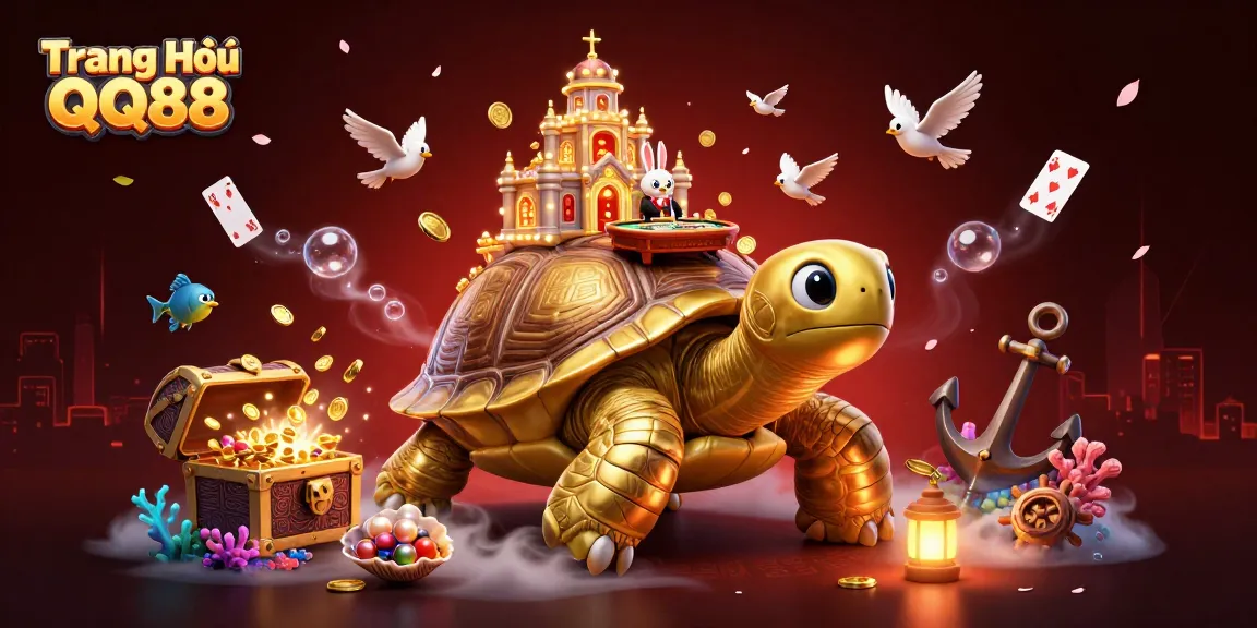 Experience the excitement of Trang Chủ QQ88 with a golden tortoise casino illustration bursting with treasures.