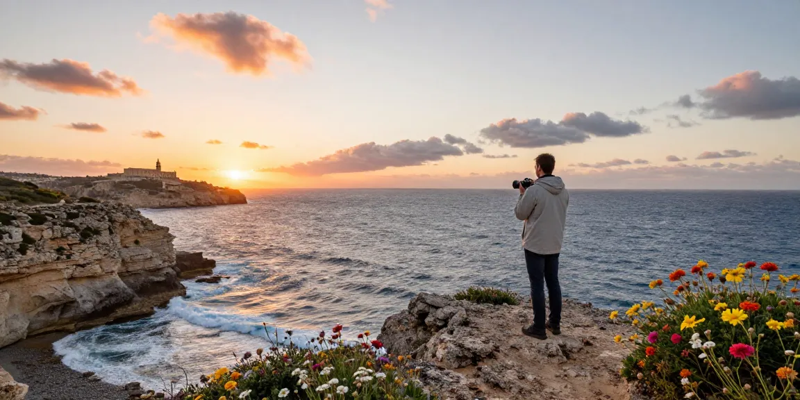 Gozo tours showcasing a traveler at sunset overlooking the coastline.