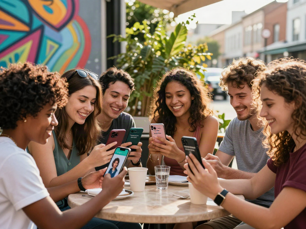 Group of friends using an attractiveness test app at a café