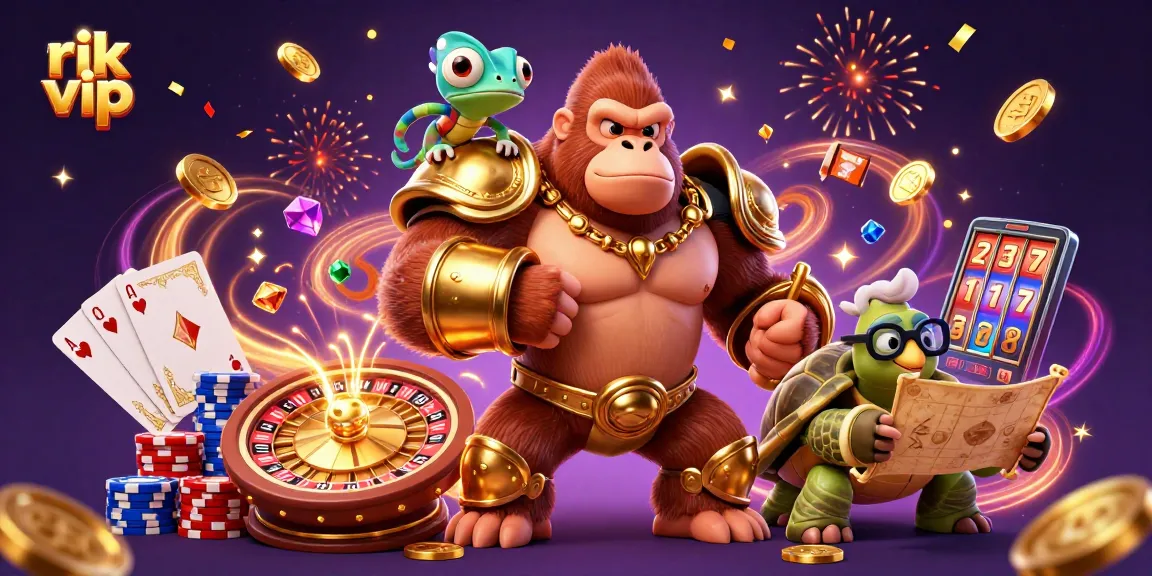Engage with rik vip's vibrant gaming scene featuring a powerful gorilla king, chameleon spy, and wise tortoise.
