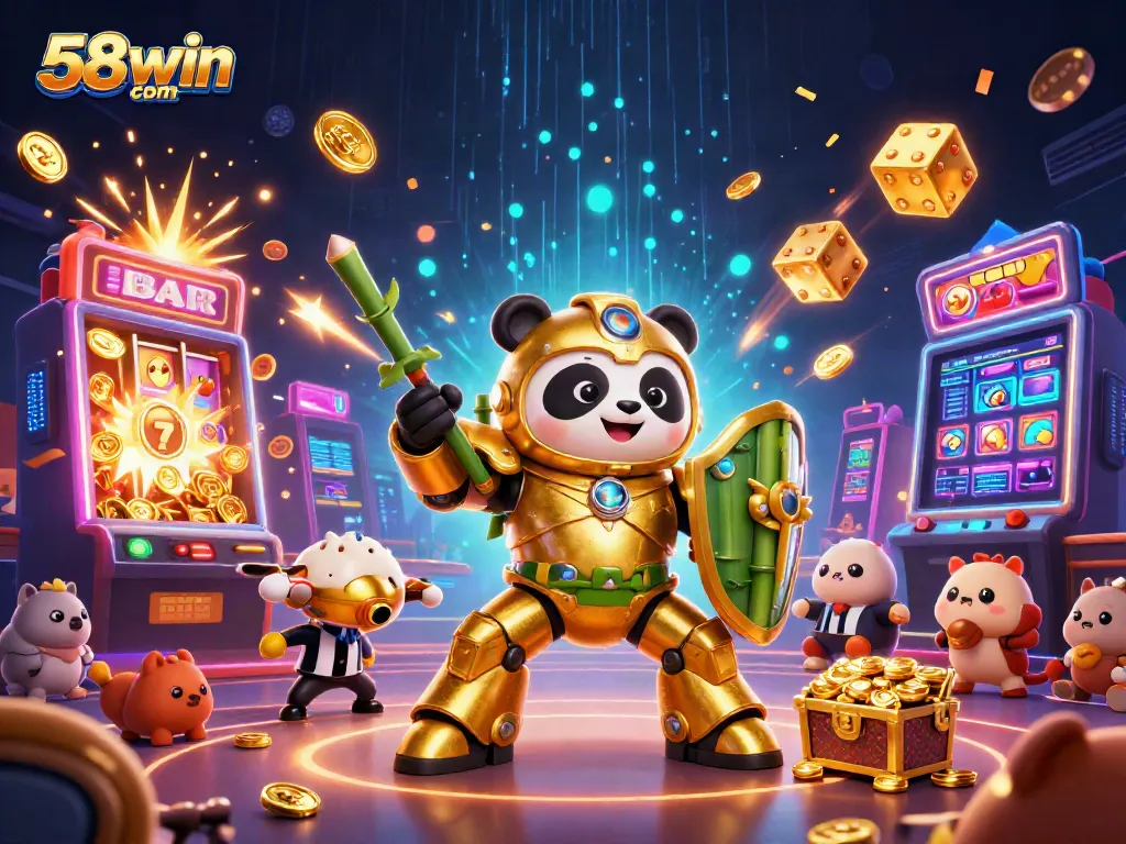 Experience the excitement with 58win com, featuring a vibrant 3D casino scene filled with dynamic game elements and characters.
