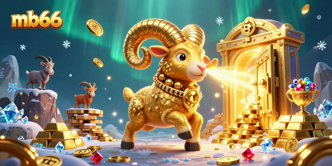 Experience the excitement of mb66 with a dynamic 3D scene showcasing a golden ram amidst treasures in a casino atmosphere.