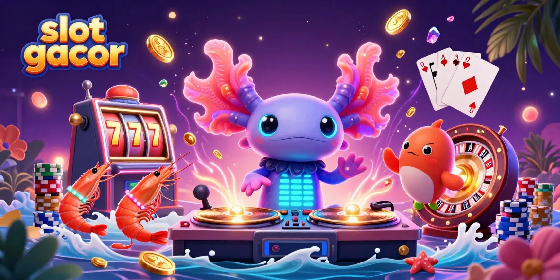 Menangkan slot gacor dengan DJ aksolotl neon sambil dikelilingi koin emas dan mesin slot.