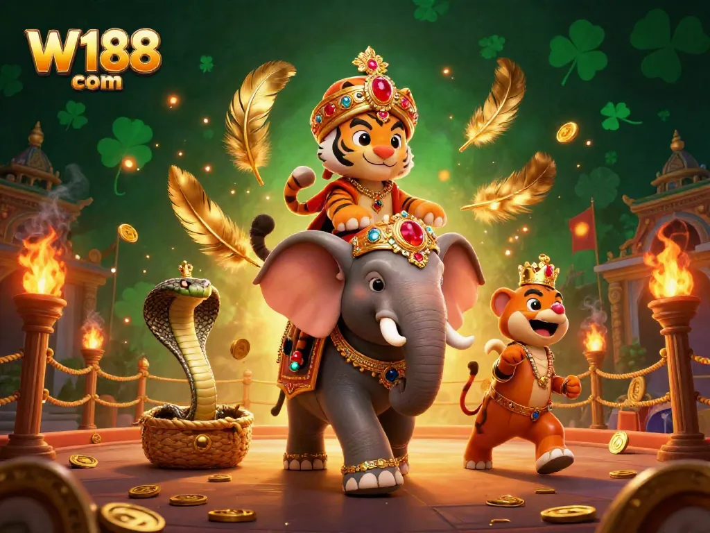 Experience thrilling action at W188 com with a 3D scene of a majestic tiger, elephant, and cobra amidst casino elements.