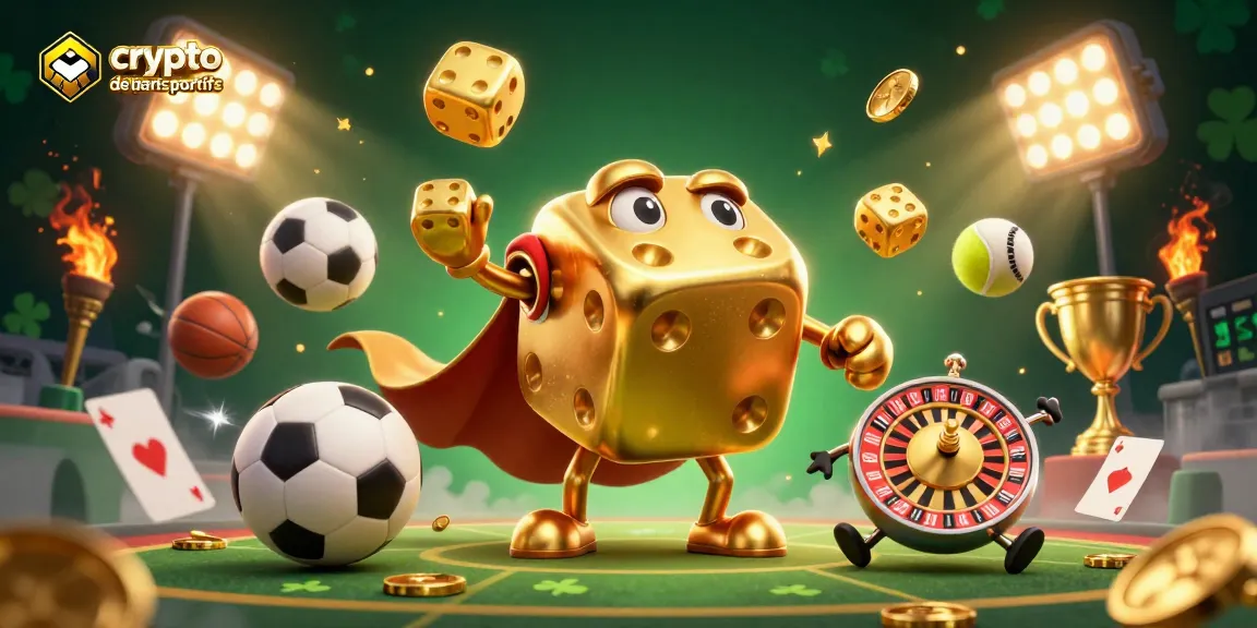 Parier sur les crypto sites de paris sportifs avec un golem de dés or, jonglant avec des dés et entouré d'éléments sportifs.