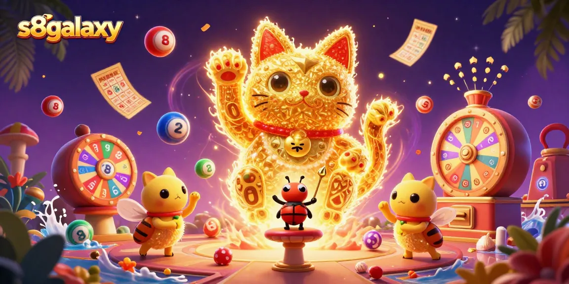 s8galaxy features a dynamic 3D illustration of a lucky cat with casino symbols, captivating players' attention.