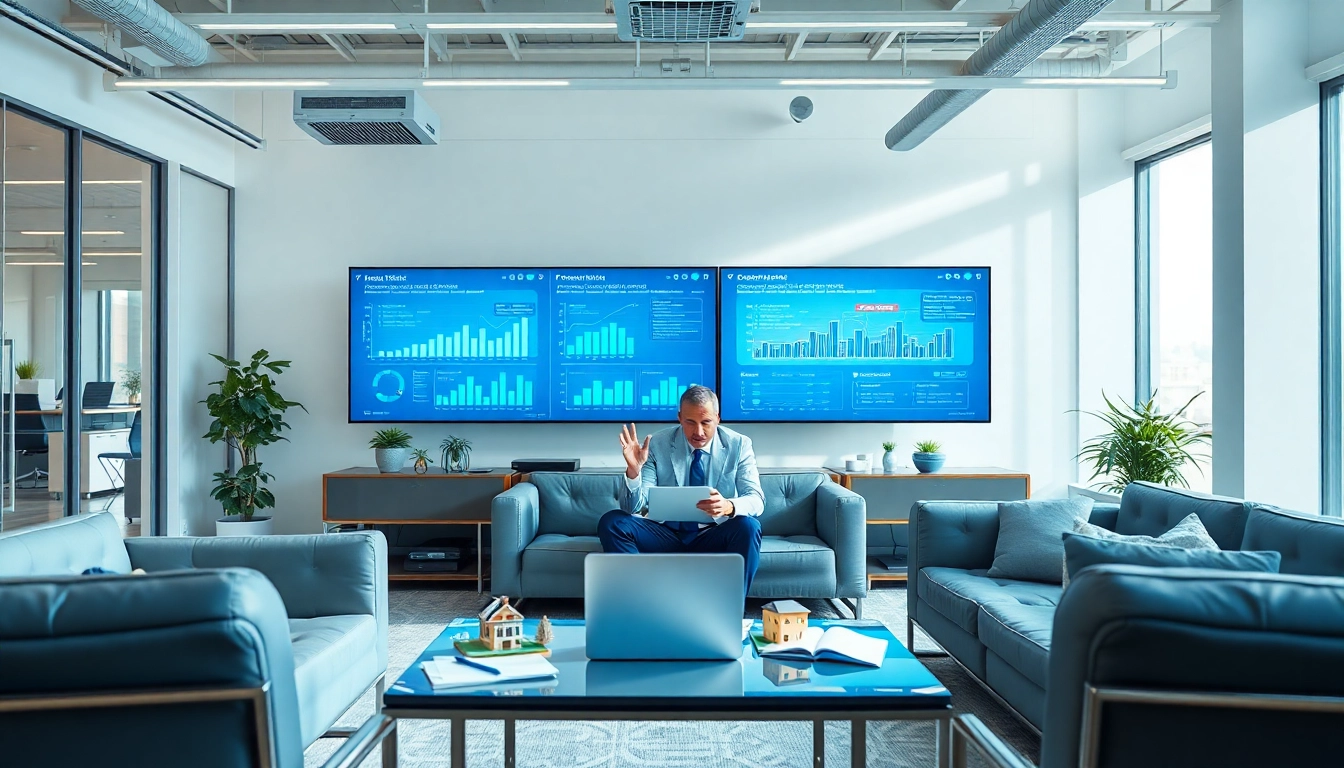 Create an AI content engine for property developers in a modern office with innovative tech.