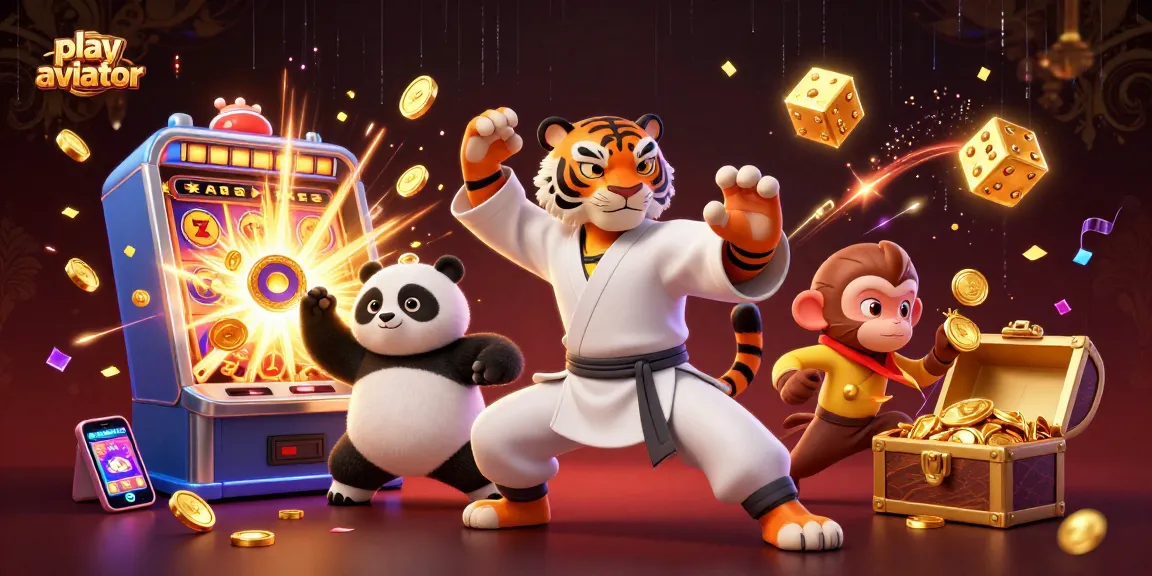 Play Aviator game illustration with animated tiger, panda, and monkey amidst vibrant casino elements.