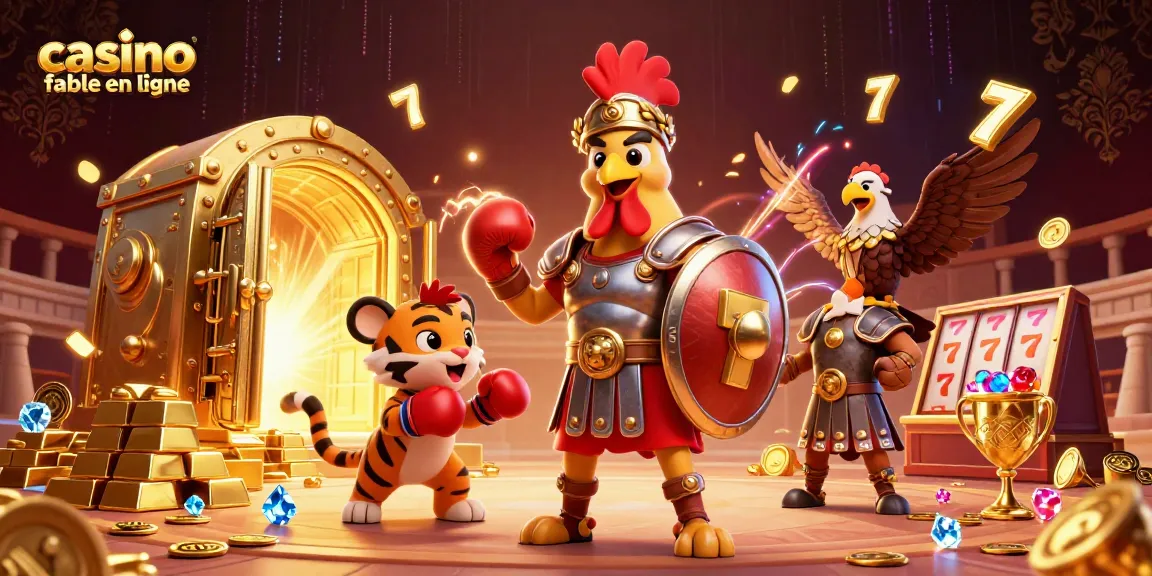 Illustration colorée de gladiateur et tigre symbolisant un casino fiable en ligne avec des trésors en arrière-plan.