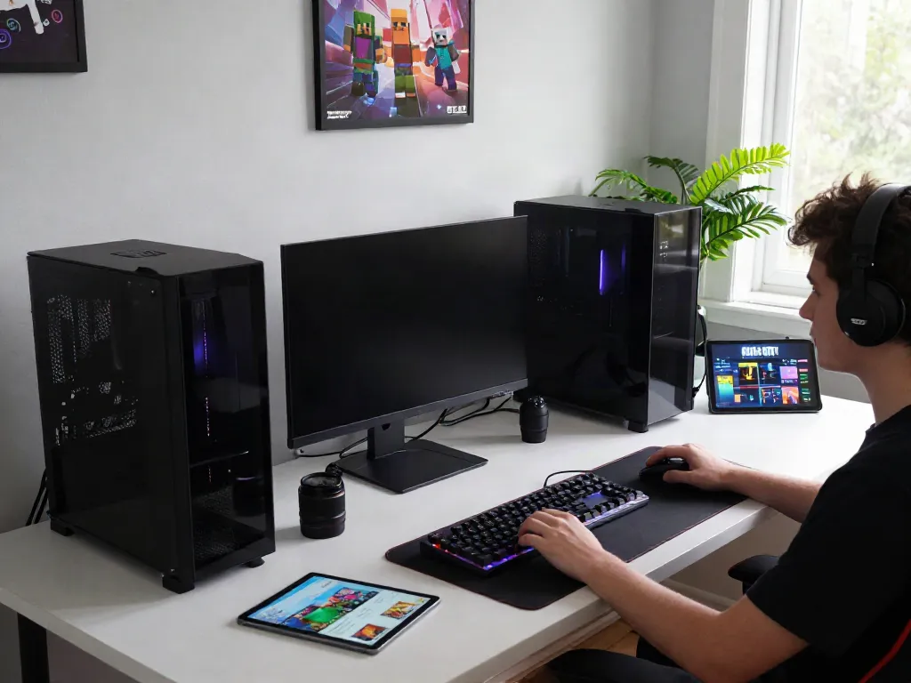 G15Tools gaming and technology workspace featuring a gamer with multiple monitors showcasing game graphics and tech gadgets.