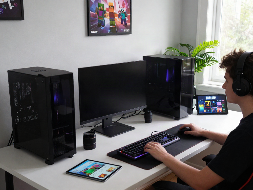 G15Tools gaming and technology workspace featuring a gamer with multiple monitors showcasing game graphics and tech gadgets.