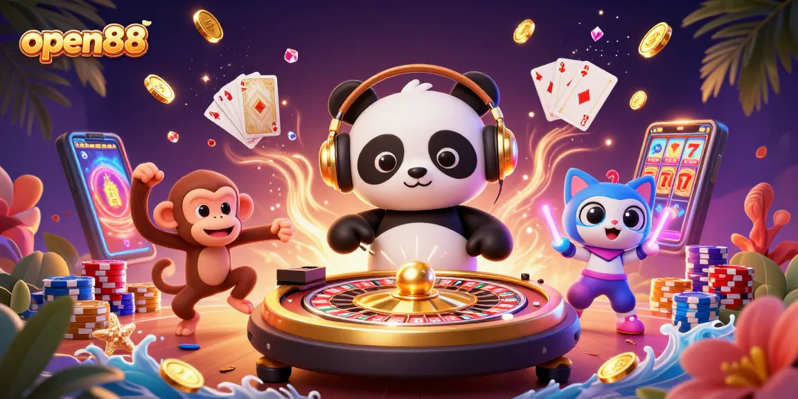 Spin to win with open88 in a vibrant casino scene featuring lively characters and exciting gaming elements.
