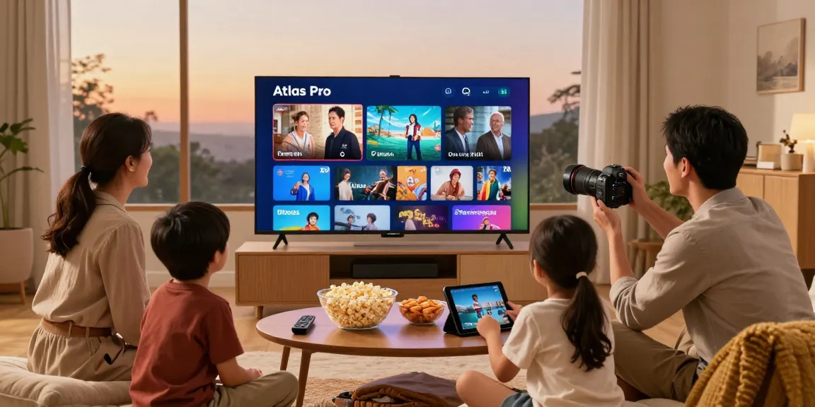 Family enjoying Atlas Pro IPTV with smart TV at home, showcasing cozy entertainment.