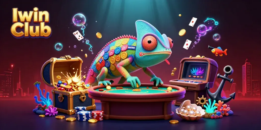 Iwin Club showcases a vibrant chameleon casino owner in a dynamic gaming scene filled with colorful treasures and playful elements.