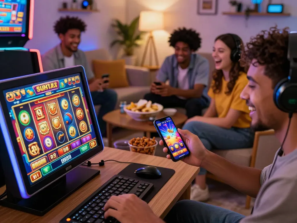 Players enjoying a thrilling slot game experience on different devices in a cozy living room atmosphere.