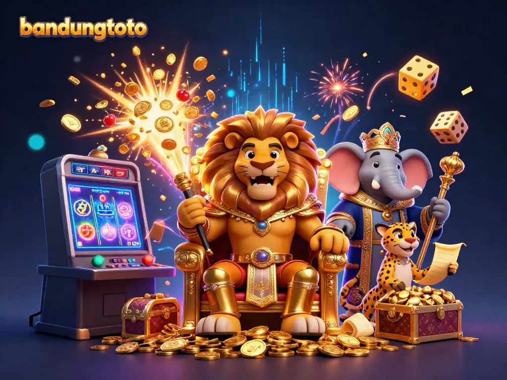 Engage with bandungtoto's exciting world of slots and jackpots featuring a lion king on a throne surrounded by casino elements.