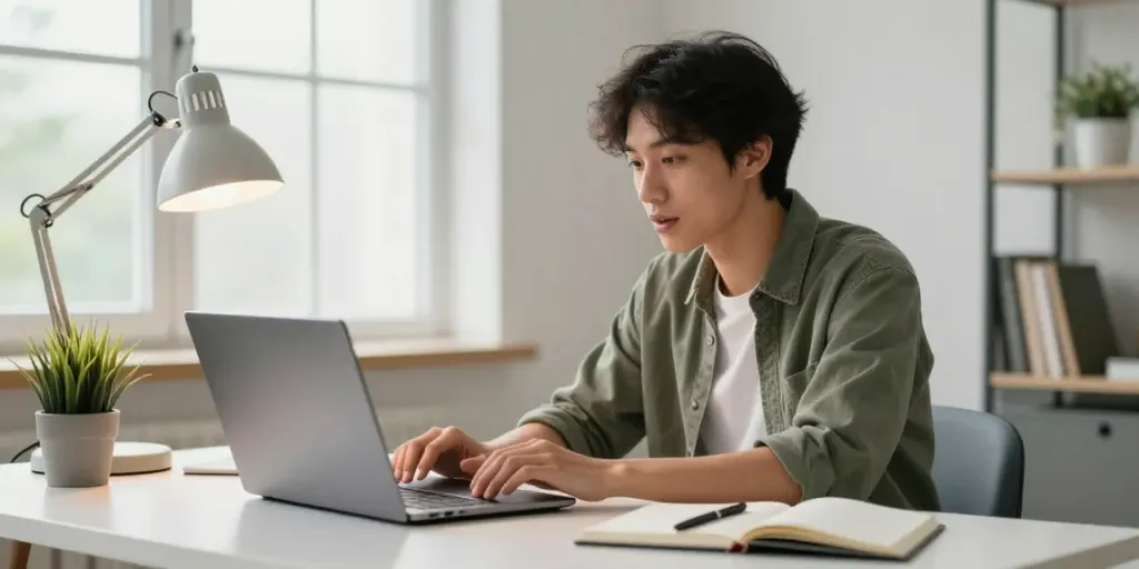 Person engaged in deepfake protected online video calls at a modern home office.