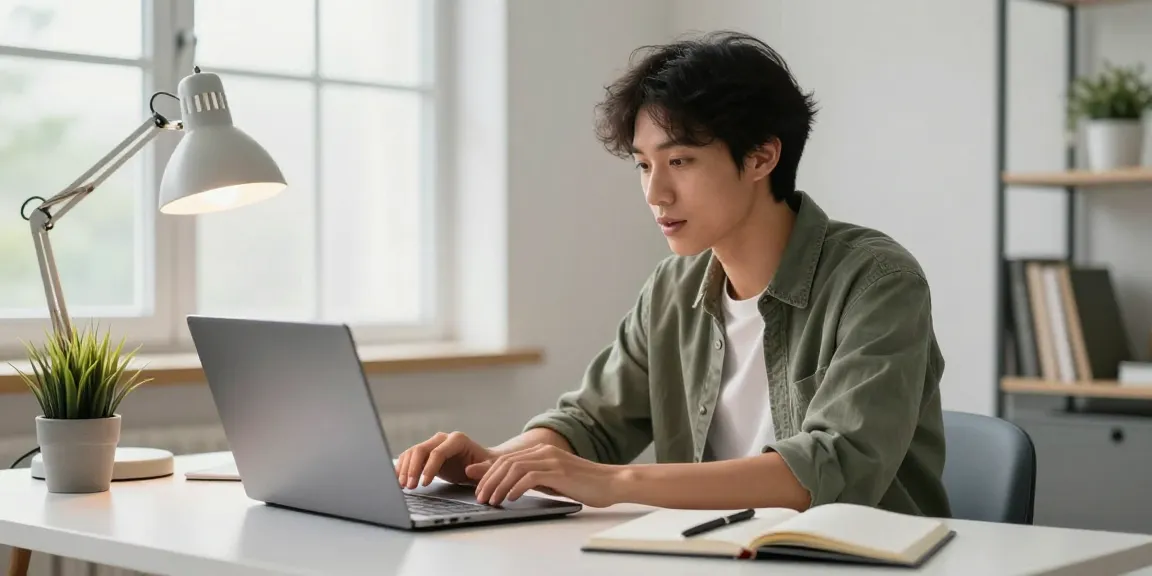 Person engaged in deepfake protected online video calls at a modern home office.