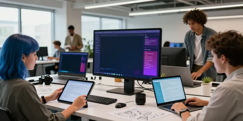 AI porn prompt generator in a vibrant workspace with diverse creators brainstorming and collaborating.