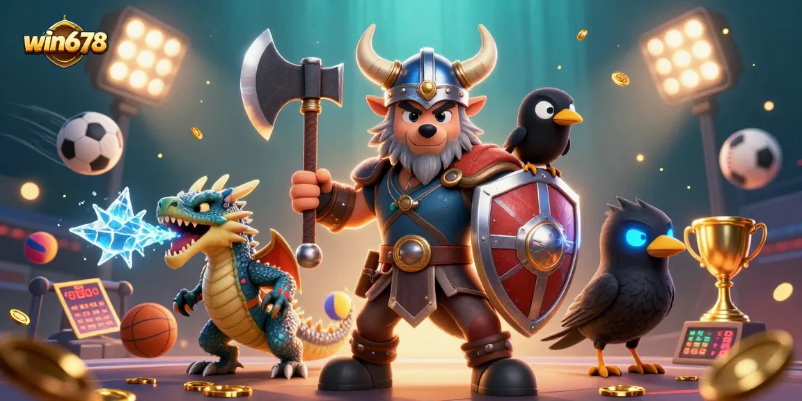 Win678 immerses players in a vibrant fantasy scene with Viking warrior and dragon amid dynamic sports betting elements.