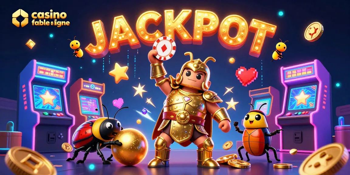 Visuel dynamique mettant en scène un casino fiable en ligne avec un scarabée en armure victorieux, symbolisant la chance.