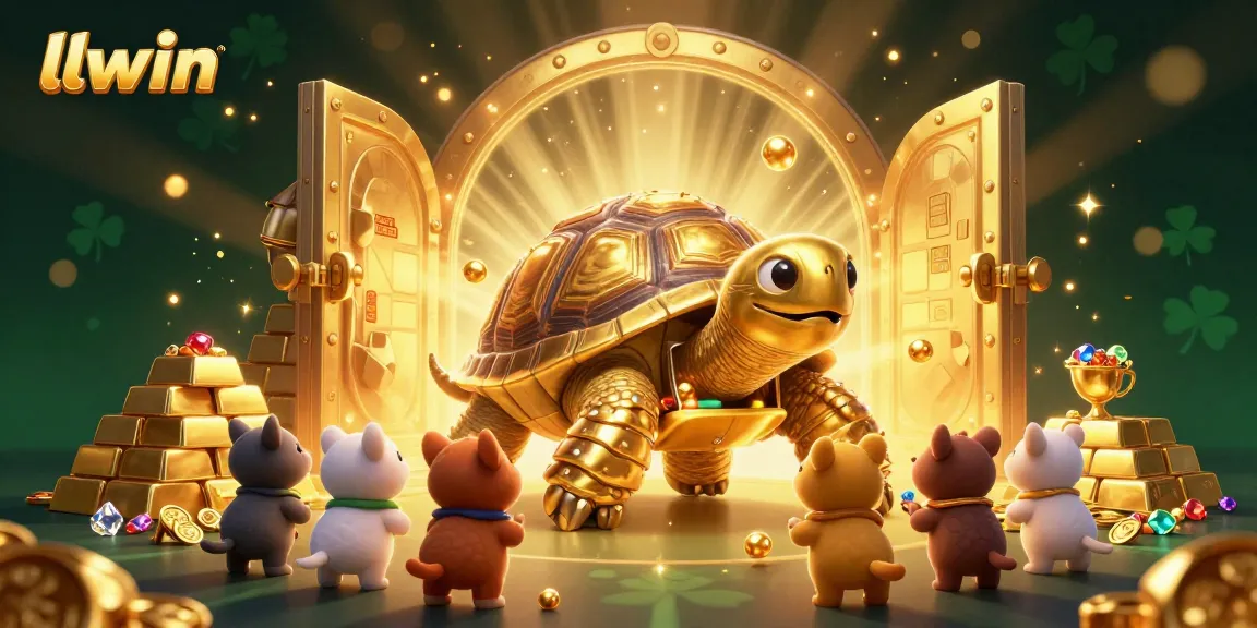 Spin and win at llwin with a whimsical golden tortoise pinball machine surrounded by riches.