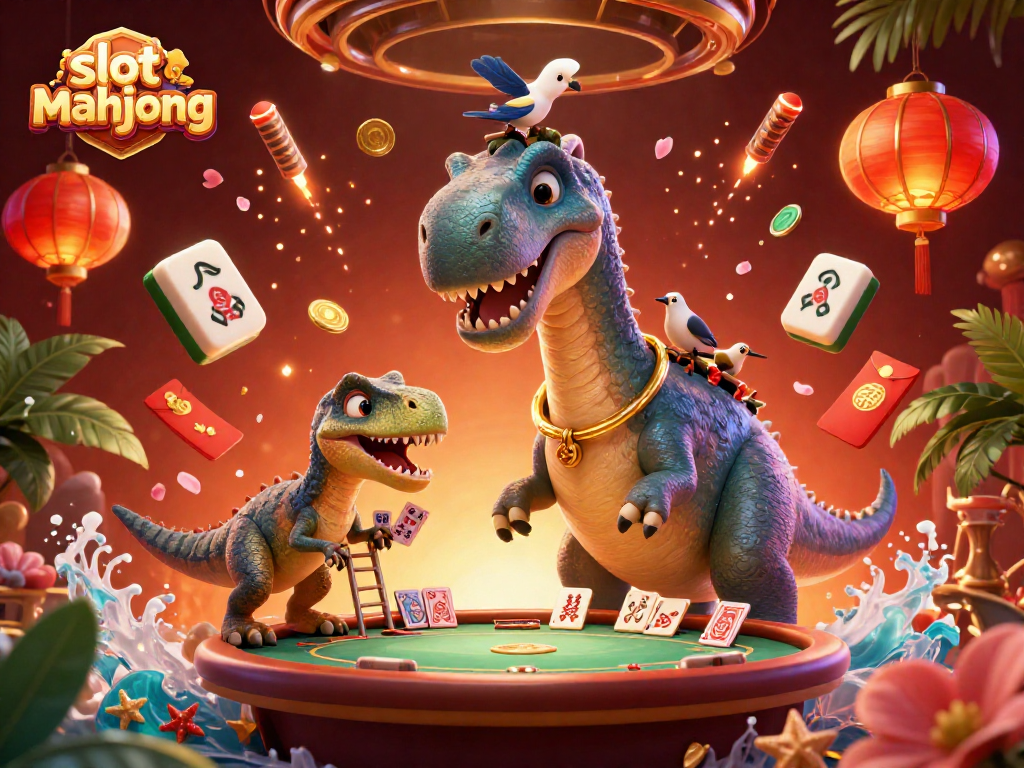 Engage in slot mahjong with a whimsical scene of a brontosaurus and raptor in a vibrant casino environment.