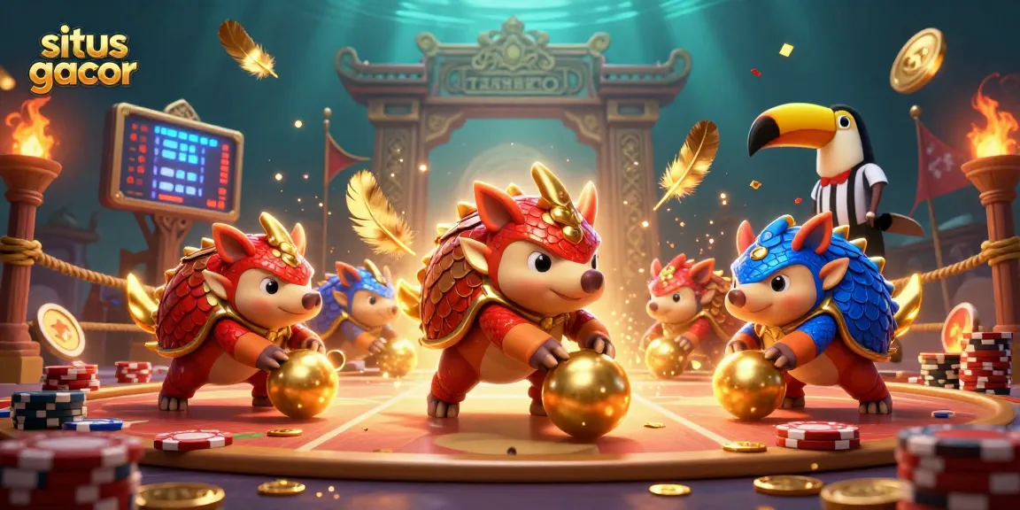 Sweep through immersive gameplay in situs gacor with a vibrant battle of pangolins amidst golden tokens and colorful casino elements.